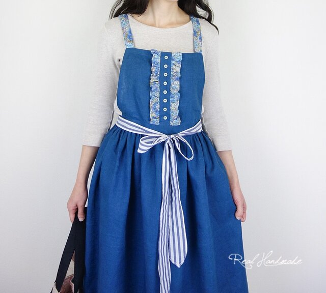 売れ筋がひ！ 予約販売] リネンディープブルーリバティエプロンドレス iichi | ワンピース