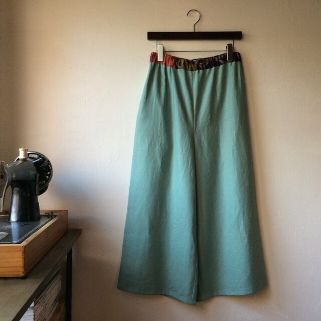 はぎはぎ銘仙とリネンのワイドパンツ＊irodori＊ミント003＊麻　ガウチョ　フレアパンツ