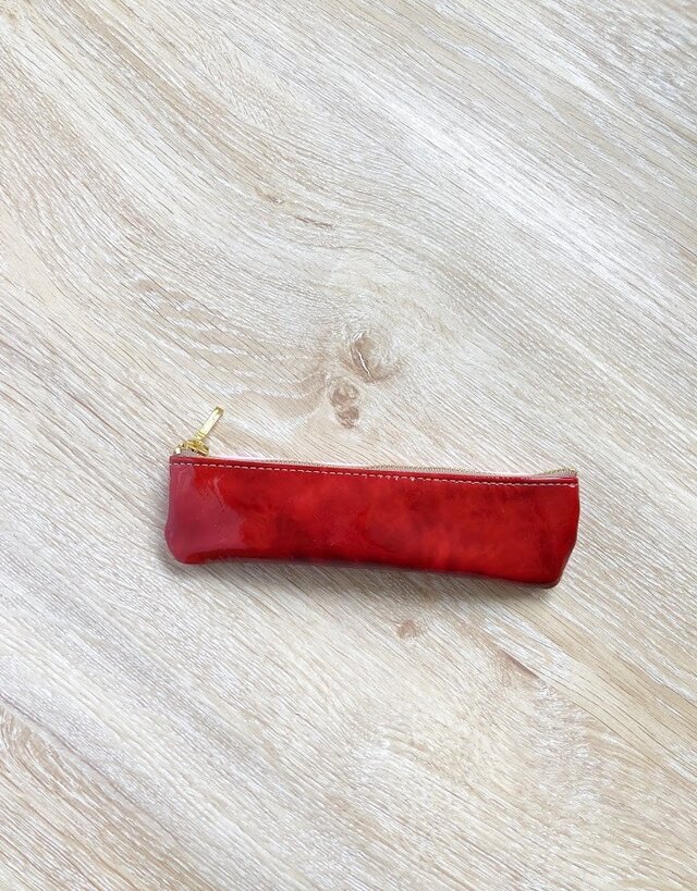 バイカラー スリム ペンケース 本革 むら染め レッド シュリンク ピンクの画像1枚目
