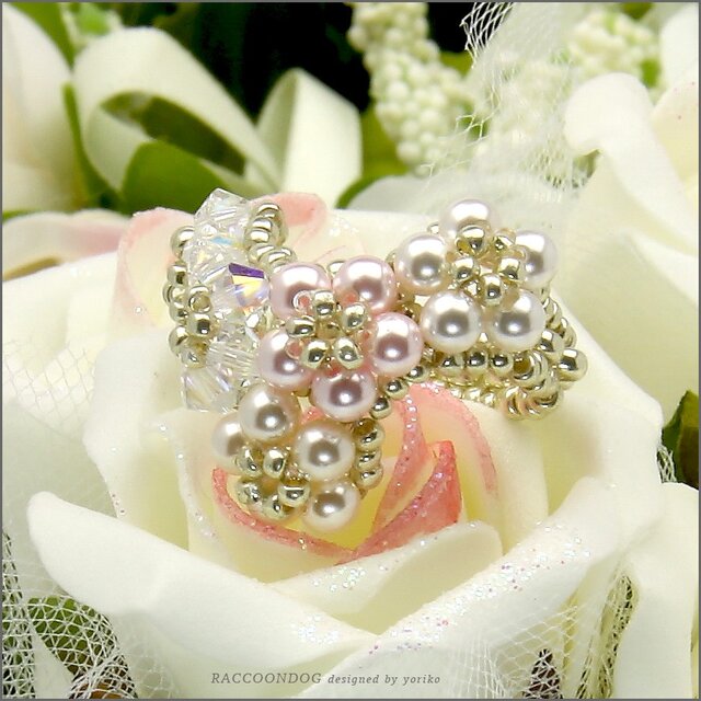 （再販）恋色♡桜色【スワロフスキーパール＆スワロフスキー 桜色V字ビーズリング】《ビーズアクセサリー》