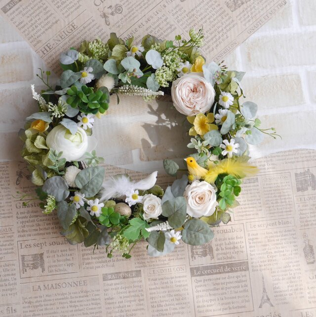 白バラと小鳥のリース