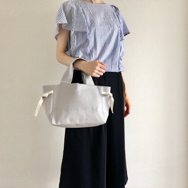 リボン2way やさしい帆布トートバッグ ブルーの画像1枚目