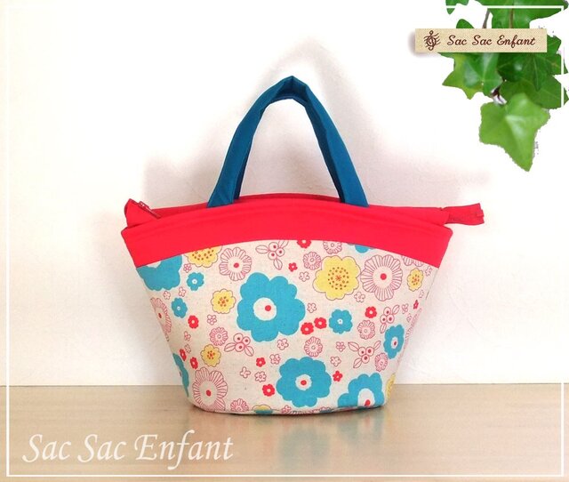 Sac de panier サックドパニエ 洗えるバッグ Parterre(花壇)フーシャピンク×ターコイズ S・ファスナーの画像1枚目