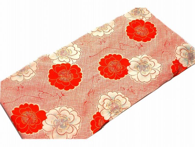 m0018 椿紋様子供着物 m売り/ハギレ☆古布・古裂/絞り/錦紗縮緬の画像1枚目