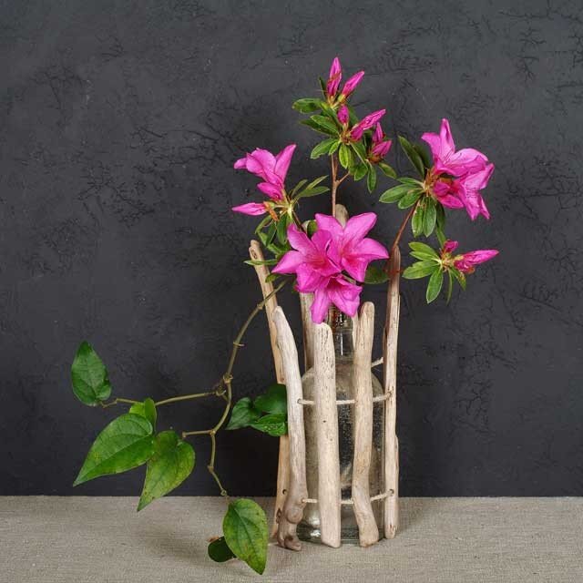 枝流木と浜辺の漂着びんの花器-1の画像1枚目