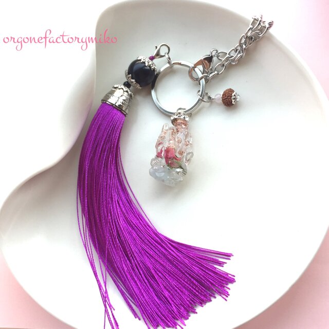 ガネーシャ神ルドラクシャ付きオルゴナイト　アクアマリン　バラ　キーホルダーバッグチャーム