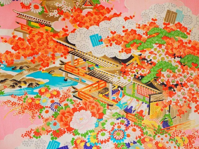 k0005 御所車紋様子供着物ハギレ☆古布・古裂 /筒描き/型染め/藍染