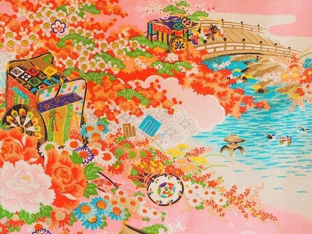 k0005 御所車紋様子供着物ハギレ☆古布・古裂 /筒描き/型染め/藍染