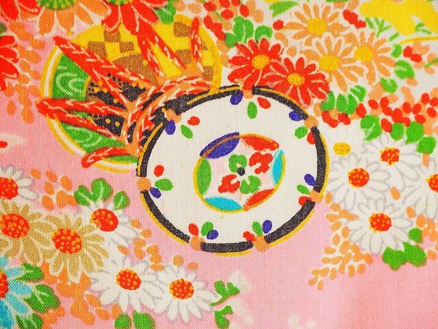 k0005 御所車紋様子供着物ハギレ☆古布・古裂 /筒描き/型染め/藍染