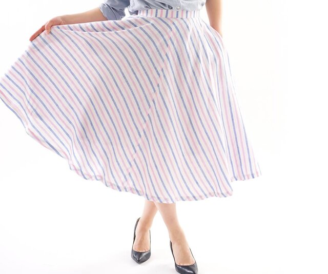 【wafu】薄地 リネンスカート フレンチリネン フレア 膝下 ミモレ丈 / ブルー×ピンク×ホワイト s002c-bpk1の画像1枚目
