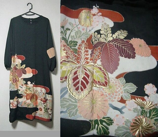 Sold Out着物リメイク♪桐の花&花々が素敵なアンティーク留袖ワンピース♪ハンドメイド♪正絹の画像1枚目