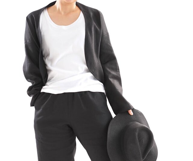 【wafu】中厚 リネン マーガレット 羽織 ボレロ トップス トッパーカーディガン / ブラック h006b-bck2の画像1枚目
