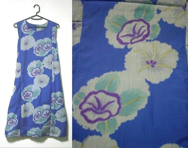 Sold Out着物リメイク♪ブルーに朝顔が可愛い銘仙Aラインワンピース♪ハンドメイド♪春ー初夏の画像1枚目