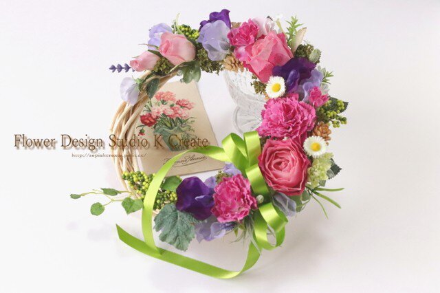 母の日に♡ローズピンクの薔薇とカーネーションのリース ピンク プレゼント ギフトの画像1枚目