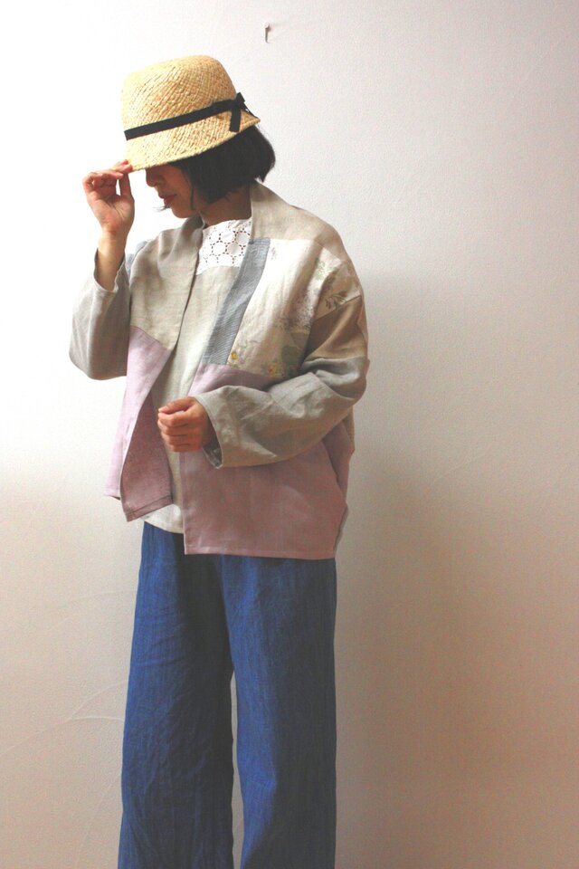 リネン　パッチのドロップショルダーカーデ