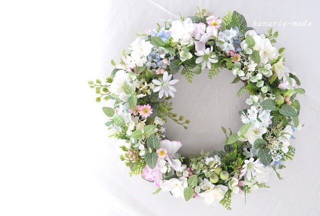 再販2 花のささやき 白いデージーと紫陽花のリース:ピンクと白 リースの画像1枚目