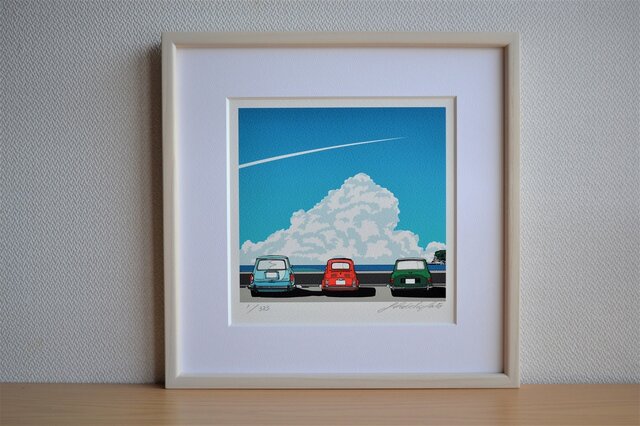 版画作品 湘南イラスト「clear blue」 フレーム(額)入り (湘南の海を眺める3台のカワイイクルマ達♪)の画像1枚目