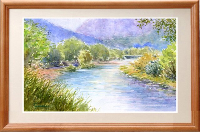 水彩画原画 初夏の穂高川の画像1枚目