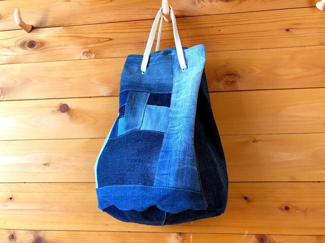 丸底★バケツバッグ★巾着バッグ★ハンドメイド★デニム★マザーズバッグ トートバッグの画像1枚目