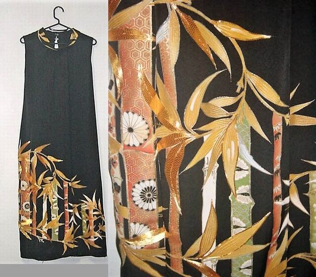 Sold Out着物リメイク★竹模様が素敵な留袖ハイネックワンピース★ボレロ付きハンドメイド★正絹の画像1枚目