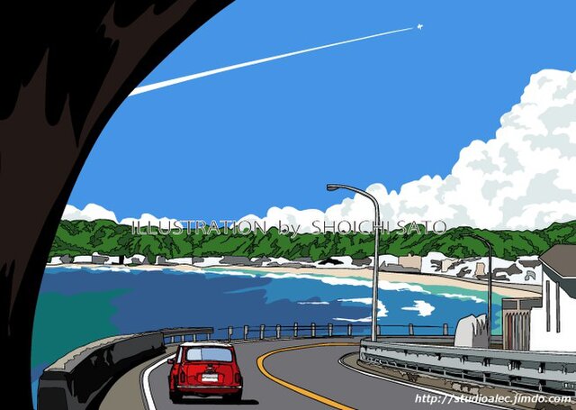版画作品 湘南イラスト「トンネルを抜けて」 (鎌倉の海岸線とミニクーパーのイラスト)の画像1枚目