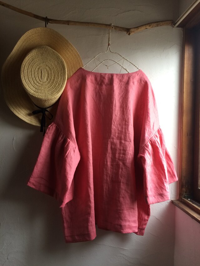 ハンドメイド 『リネン フリルスリーブ シャツ *フジイロ* フリーサイズ』 ハンドメイド 『リネン フリルスリーブ シャツ *フジイロ