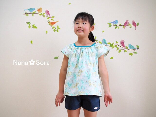 size100/110/120/130 スクエアネックのリボンブラウス(USAコットン・ユニコーンの森)の画像1枚目