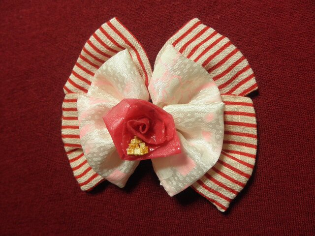 ストライプ&レモンチェック和紙薔薇バレッタの画像1枚目