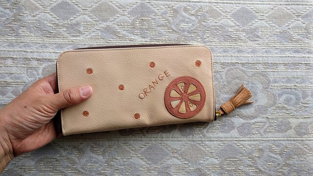 刺繍革財布『ORANGE』ピンク×サーモン(ヤギ革)ラウンドファスナー型の画像1枚目