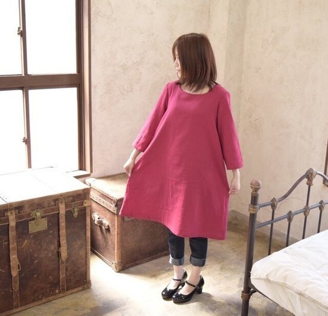 【春のお出かけ】立体裁断で魅せる、ダブルガーゼお仕立てのAラインチュニックワンピース(大人のWガーゼ)の画像1枚目
