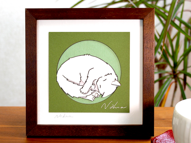 猫の切り絵(#5)額装 抹茶色 サイズ小の画像1枚目