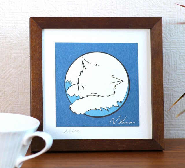 猫の切り絵(#1)額装 青色 サイズ小の画像1枚目
