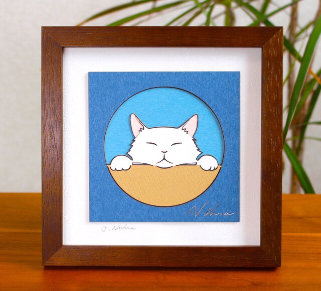 猫の切り絵(#3)額装 青色 サイズ小の画像1枚目