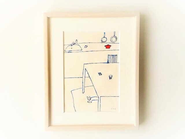 「キッチンと犬」イラスト原画 ※額縁入りの画像1枚目