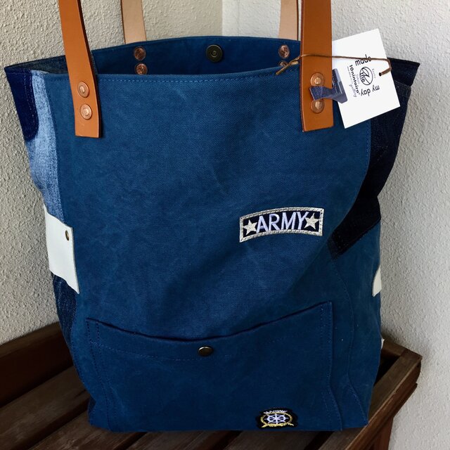 gallery■アルバートン生地&デニムトートLサイズ☆茶革＃g45ブルー