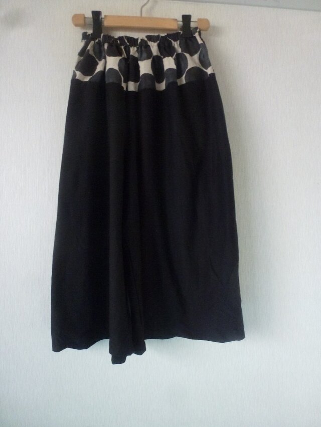 天竺水玉切替サルエルパンツ　黒×黒生成りかすり大水玉