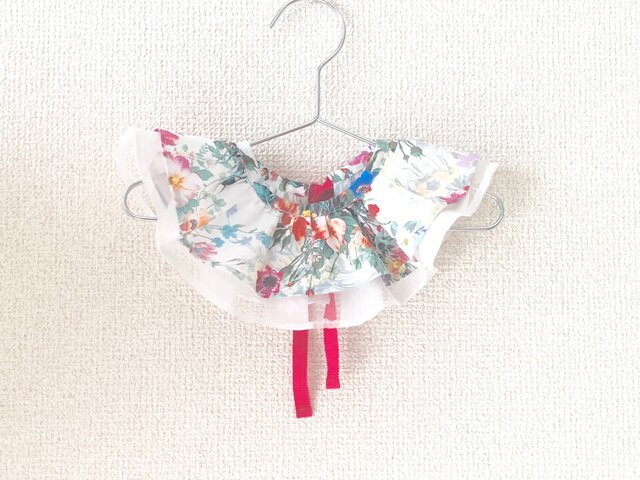 カラフルお花柄ローン×ボーダー柄オーガンジーの付け衿の画像1枚目