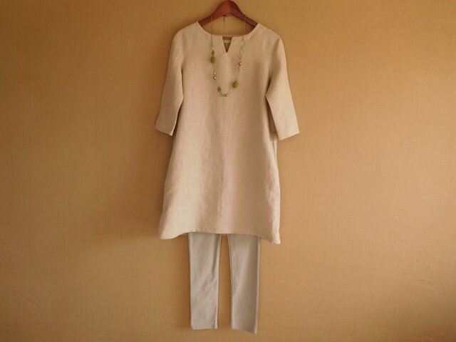 国産リネン生地　チュニック割烹着　キナリ　服作り40年の田舎町仕立屋 国産リネン生地 チュニック割烹着 キナリ 服作り40年の田舎町仕立屋