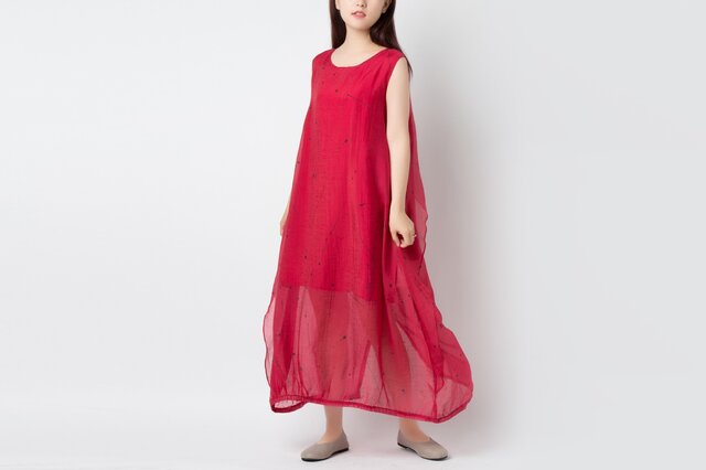 軽やか涼しげ 後ろ重ね着風ノースリーブワンピース ♪Red♪の画像1枚目