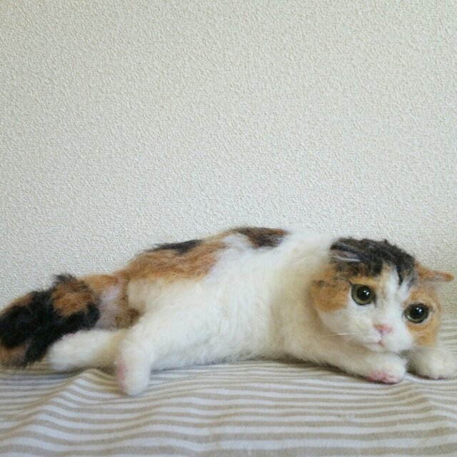 三毛猫立体伏せポーズ羊毛フェルトの画像1枚目