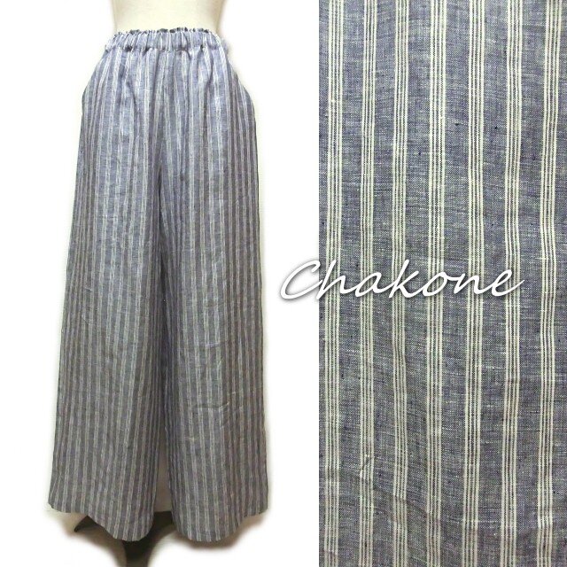 【パンツ】ゆったりワイドなガウチョ・パンツ(ロングパンツ/L) リネン ストライプ