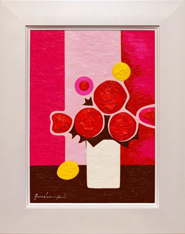 ●『ピンクの背景の花』●がんどうあつし絵画油絵F4号ホワイト額付縦43.8cm●優しさ生命癒しの画像1枚目