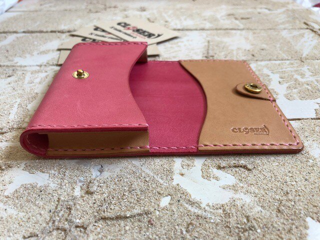 革の名刺＆カードケース サクラピンク×ナチュラル マチ付き大容量