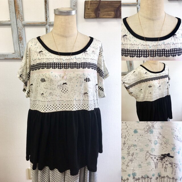セール価格★ときめきメルヘン柄❤️キリン柄のギャザーフリルのTシャツトップス(サイズフリー L〜L L)の画像1枚目