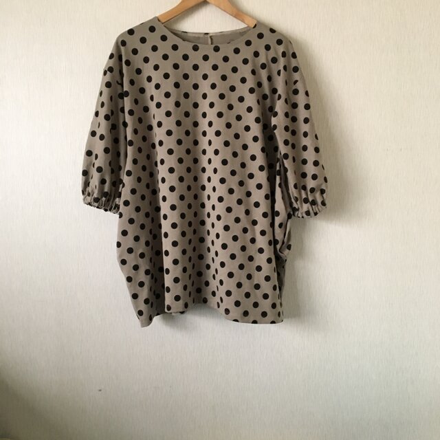 天竺水玉ポケット遊びカットソーチュニック七分袖 ベージュ黒Fの画像1枚目