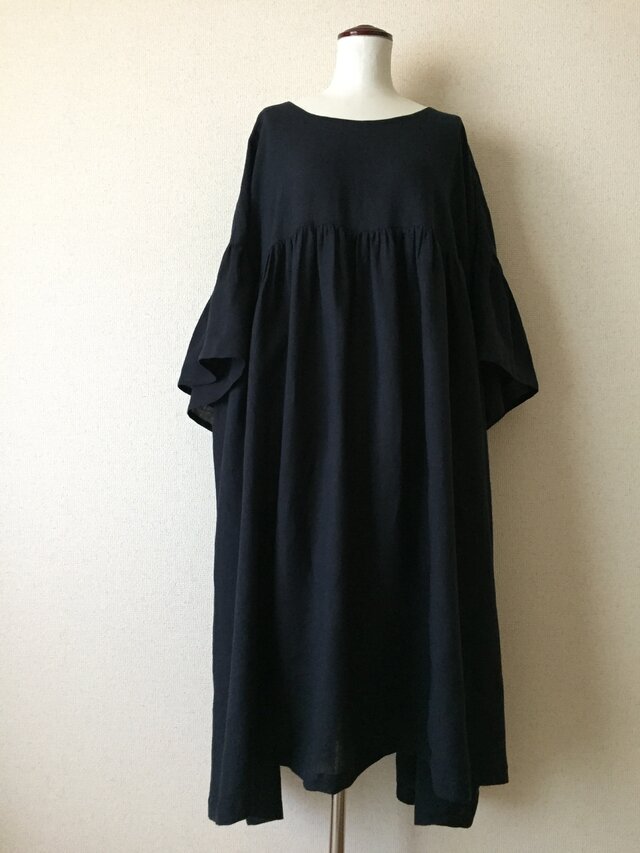 リネン100% シンプルギャザーワンピ