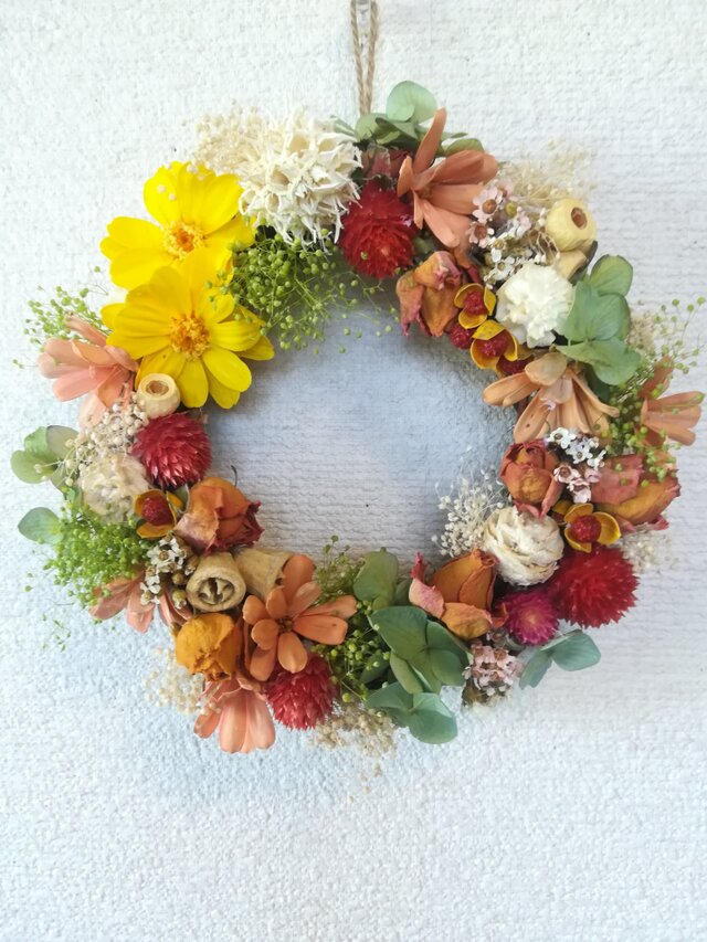[送料無料]ドライフラワーリース◆あじさいと黄色いお花と、