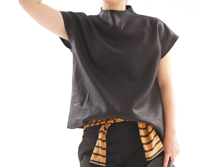 【wafu】レイズド・ネックライン リネンブラウス フレンチスリーブ トップス Tシャツ/ブラック【Lサイズ】a48-23の画像1枚目
