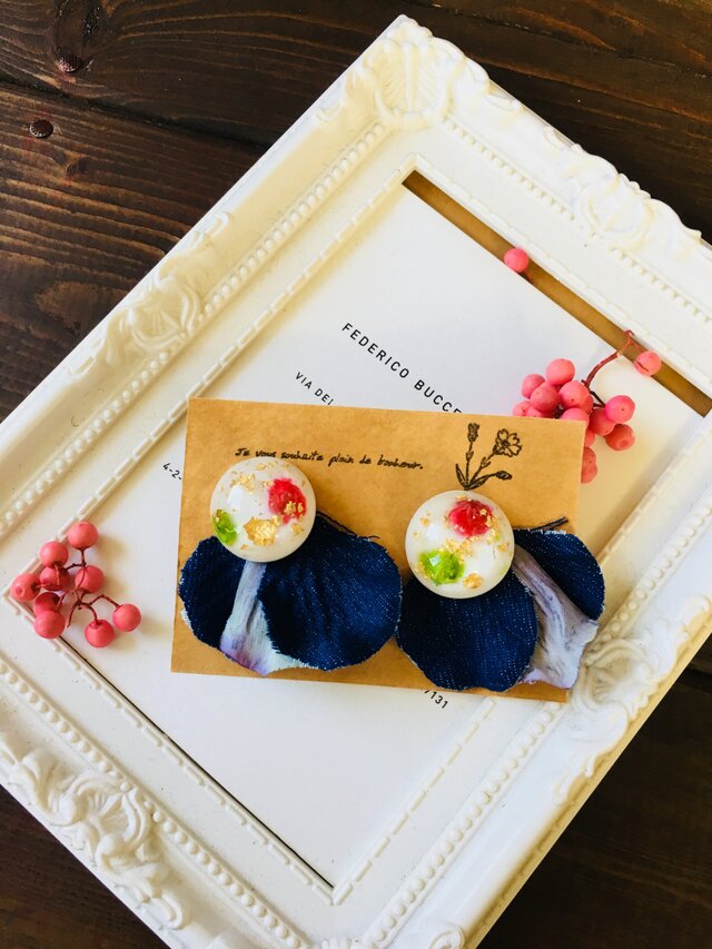 『デニムな紫陽花はなびら×レジンピアス イヤリング❤』の画像1枚目