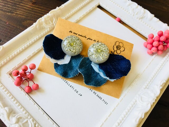 『デニムな紫陽花はなびら×レジンピアス イヤリング❤』の画像1枚目
